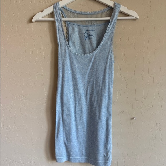 American Eagle Outfitters Tops - AEO Y2K Lace Trim Ribbed Tank Top Light Powder Blue Women’s Medium Elena Gilbert